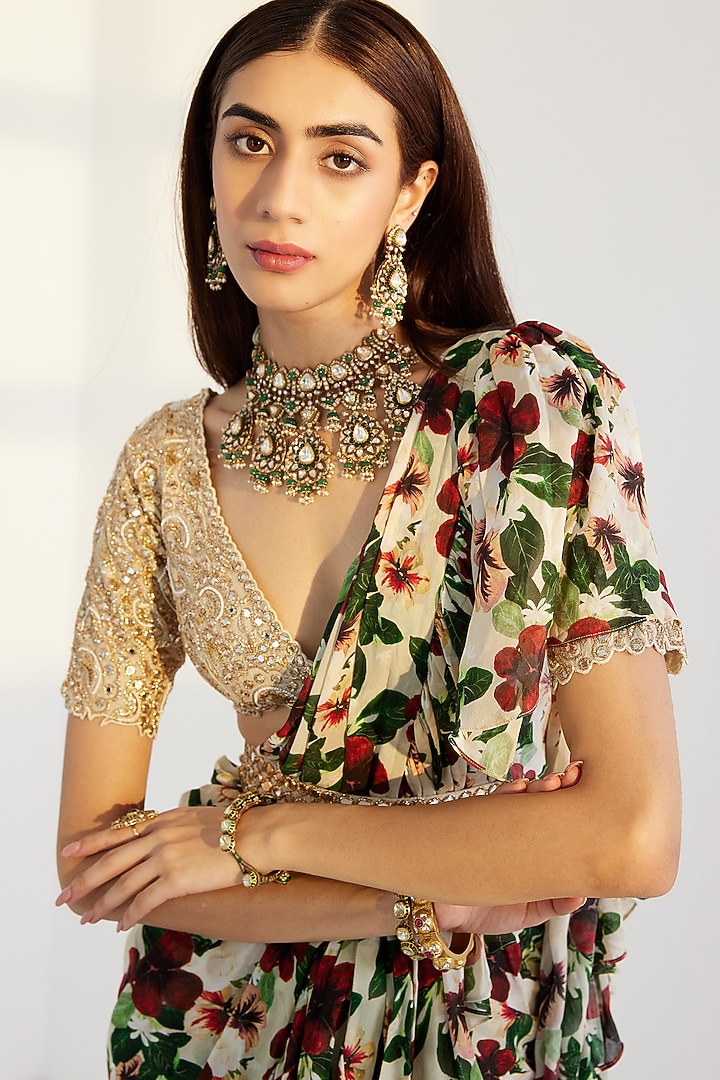 Multi-Colored Printed Wedding Saree Set by Prints By Radhika at Pernia's Pop Up Shop