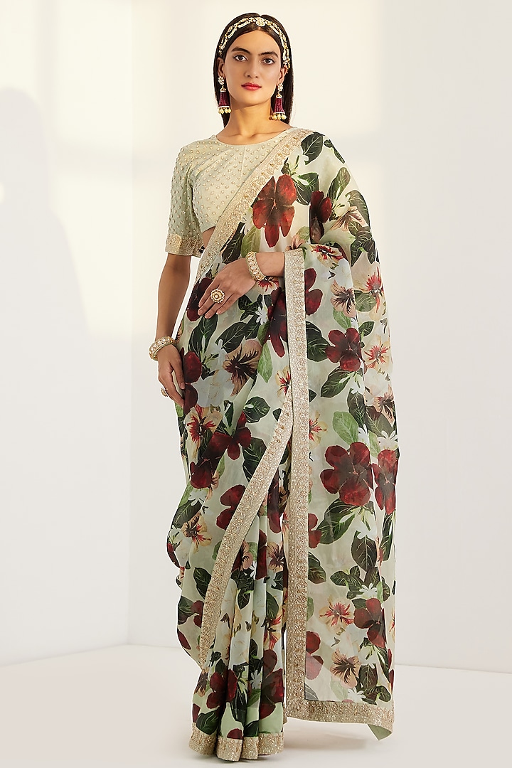 Multi-Colored Printed & Embroidered Saree Set by Prints By Radhika
