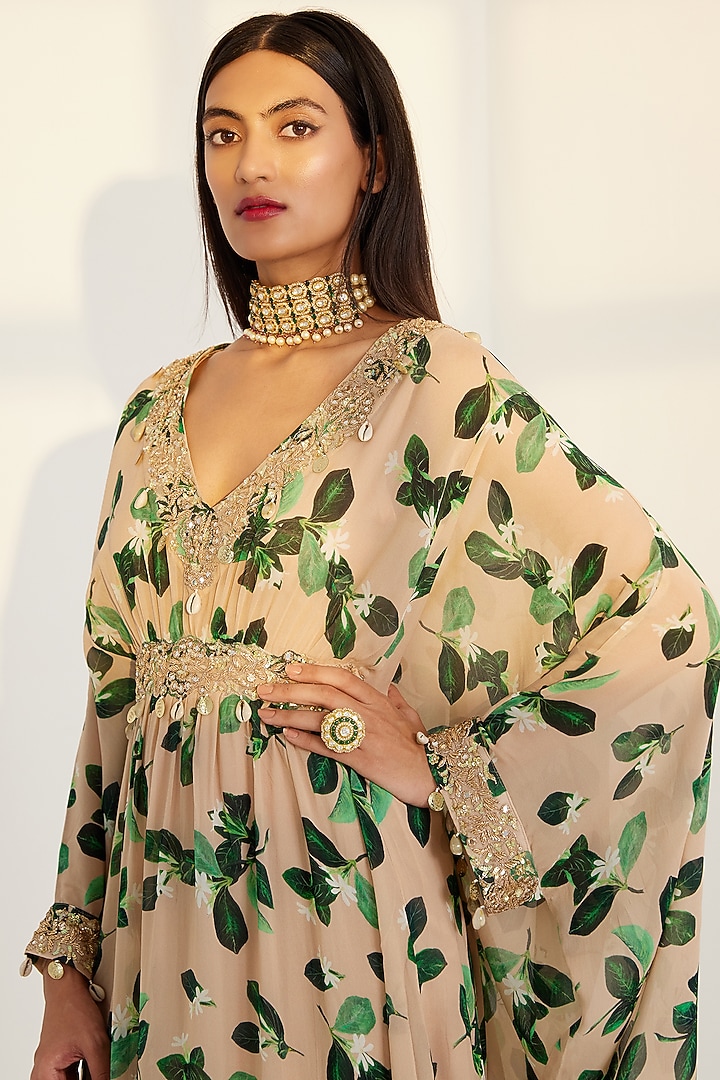 Peach Printed & Embroidered Kaftan by Prints By Radhika at Pernia's Pop Up Shop