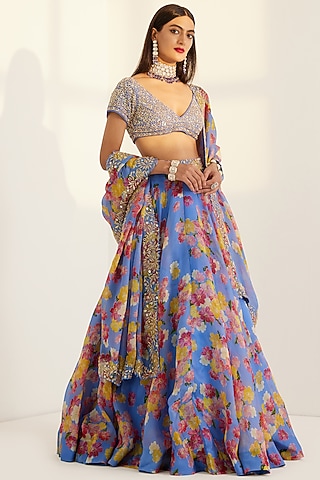 Blue Printed & Embroidered Lehenga Set by Prints By Radhika