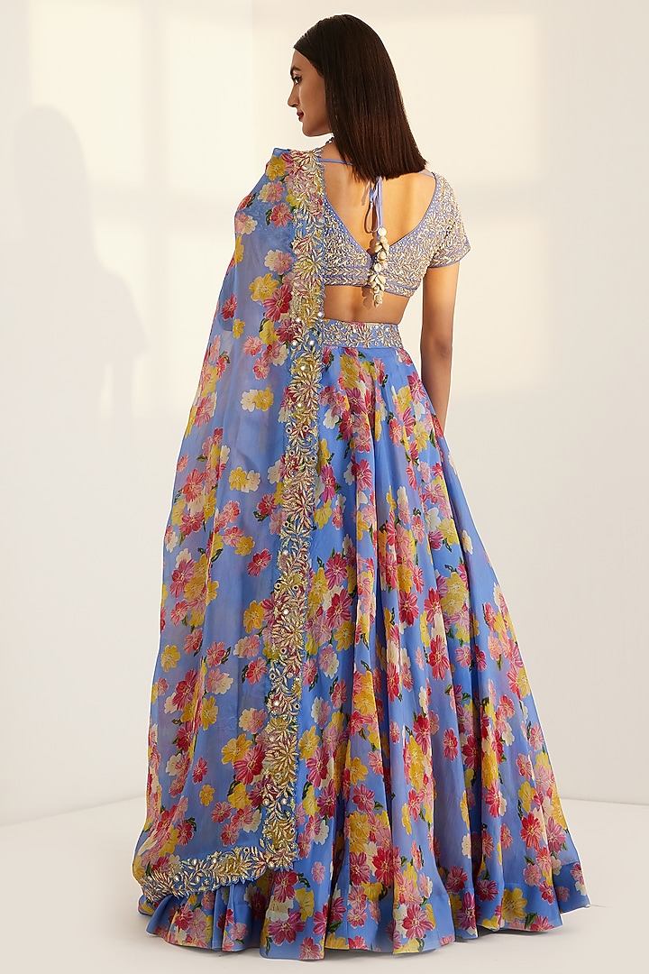 Blue Printed & Embroidered Wedding Lehenga Set by Prints By Radhika at Pernia's Pop Up Shop