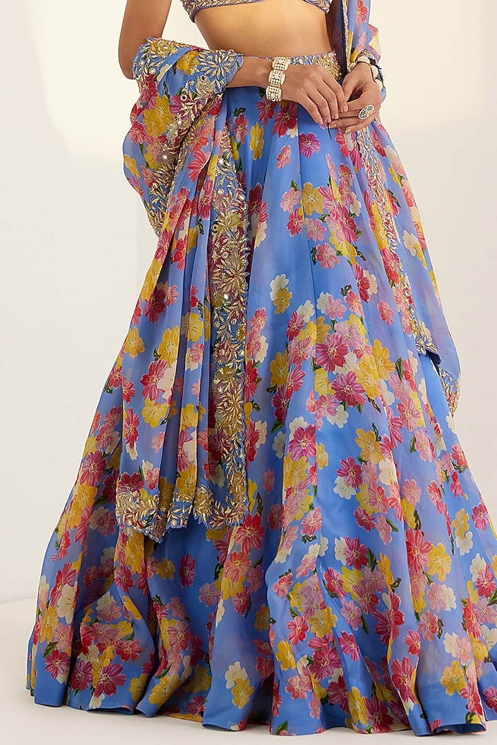 Blue Printed & Embroidered Wedding Lehenga Set by Prints By Radhika at Pernia's Pop Up Shop