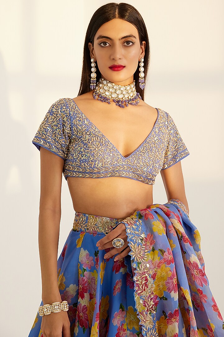 Blue Printed & Embroidered Wedding Lehenga Set by Prints By Radhika at Pernia's Pop Up Shop
