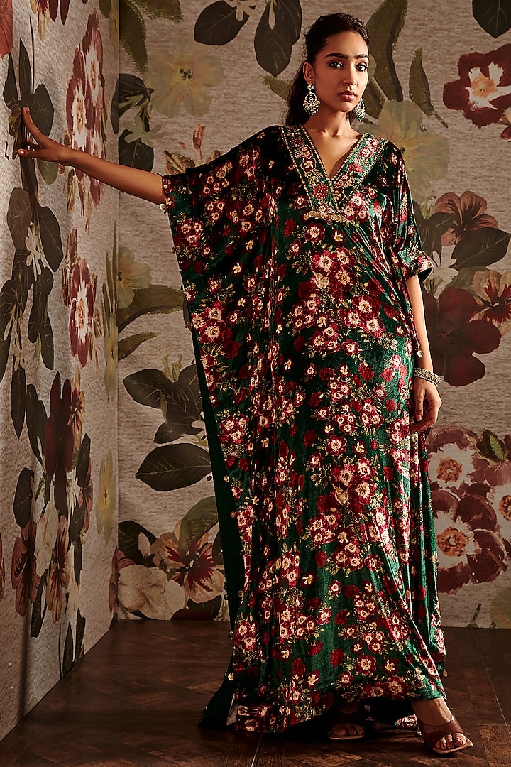 Green Embroidered Kaftan by Prints By Radhika at Pernia's Pop Up Shop