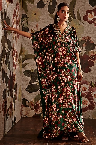 Green Embroidered Kaftan by Prints By Radhika