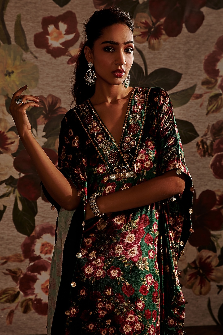 Green Embroidered Kaftan by Prints By Radhika at Pernia's Pop Up Shop