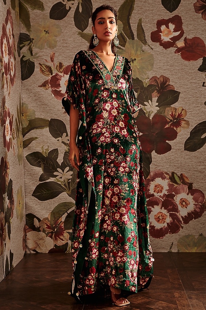 Green Embroidered Kaftan by Prints By Radhika at Pernia's Pop Up Shop