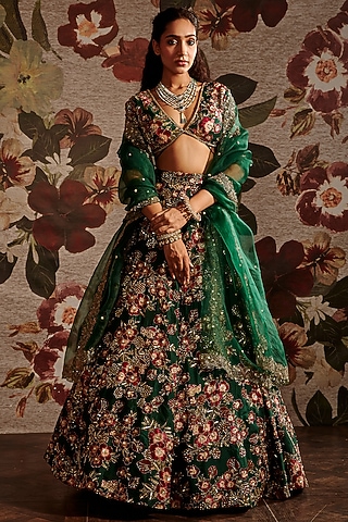 Green Embroidered Lehenga Set by Prints By Radhika