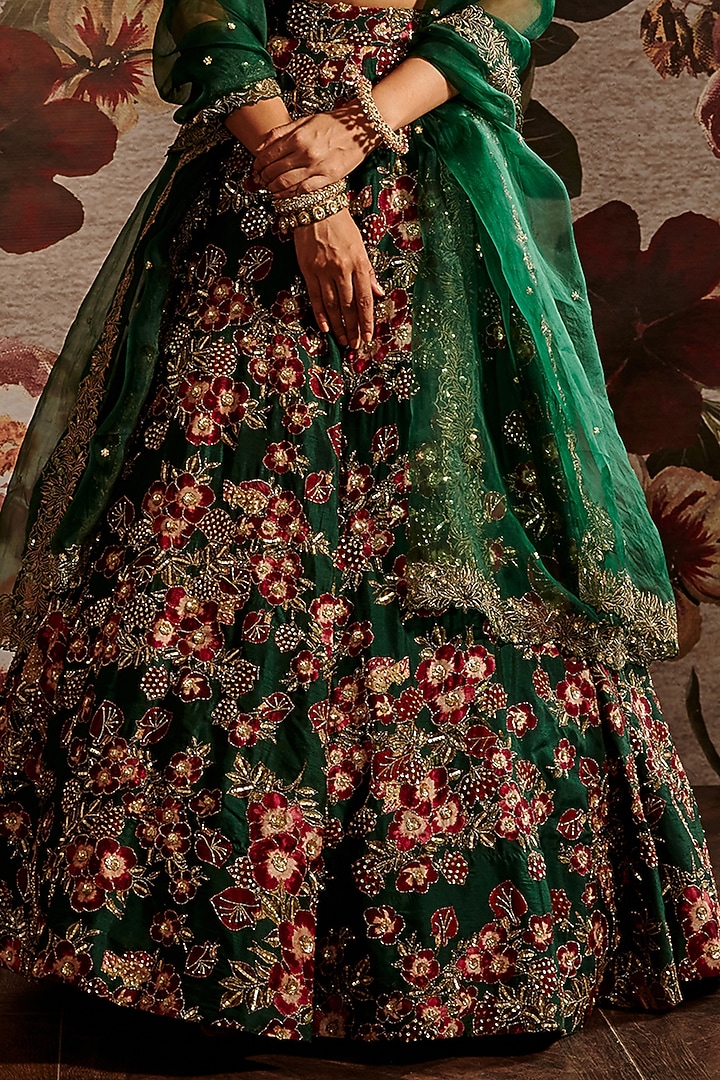 Green Embroidered Bridal Lehenga Set by Prints By Radhika at Pernia's Pop Up Shop