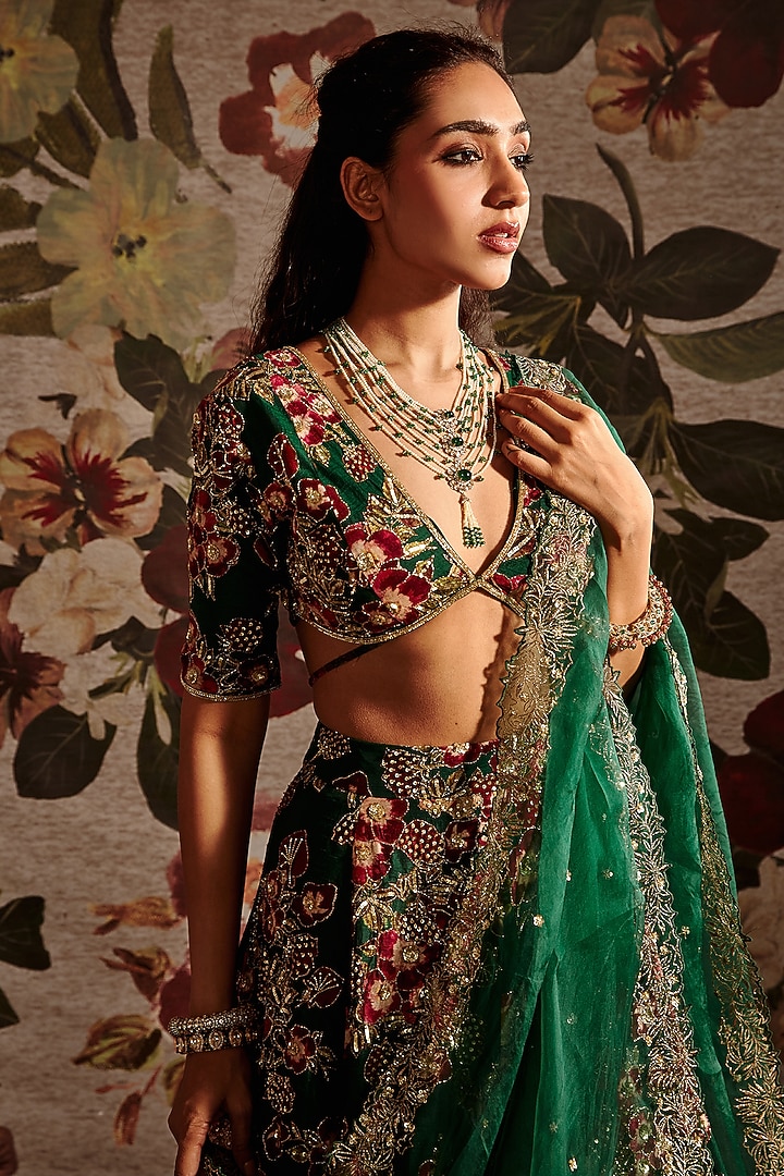 Green Embroidered Bridal Lehenga Set by Prints By Radhika at Pernia's Pop Up Shop