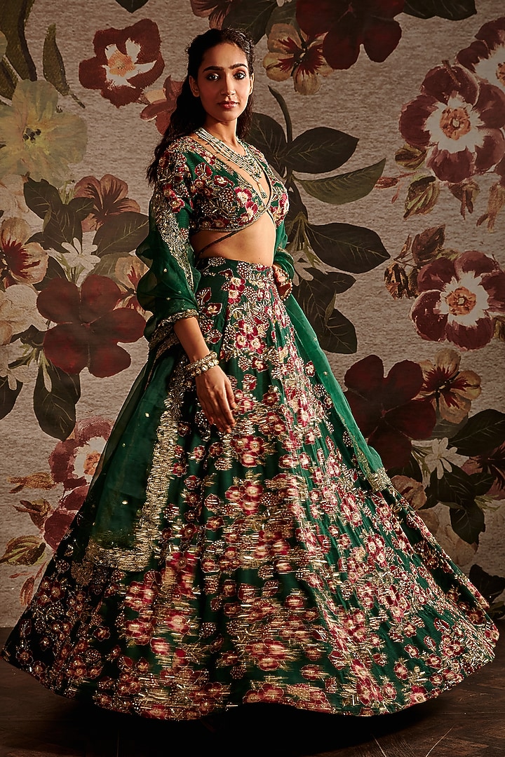Green Embroidered Bridal Lehenga Set by Prints By Radhika at Pernia's Pop Up Shop