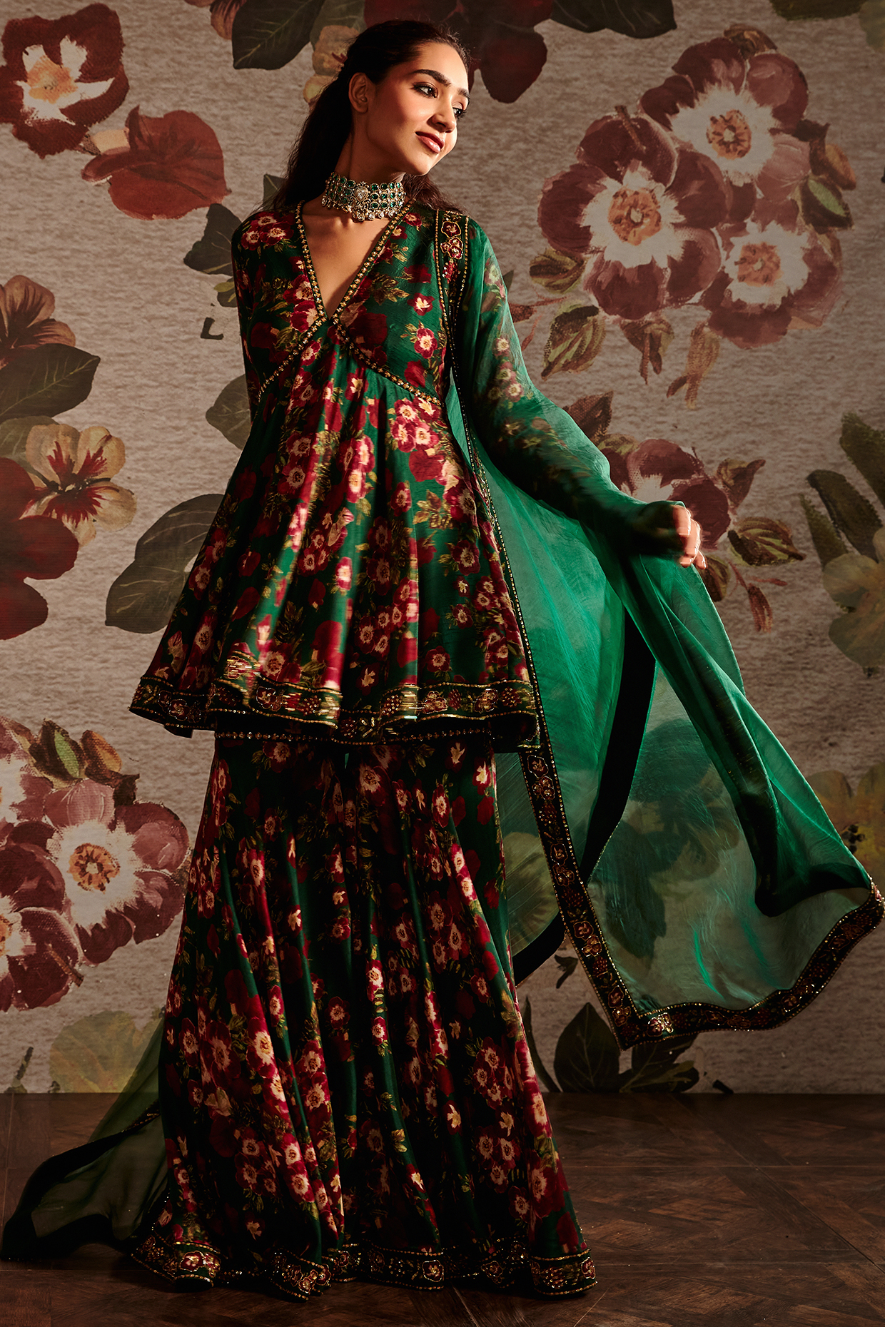 Green Embellished Gharara Set by Prints By Radhika
