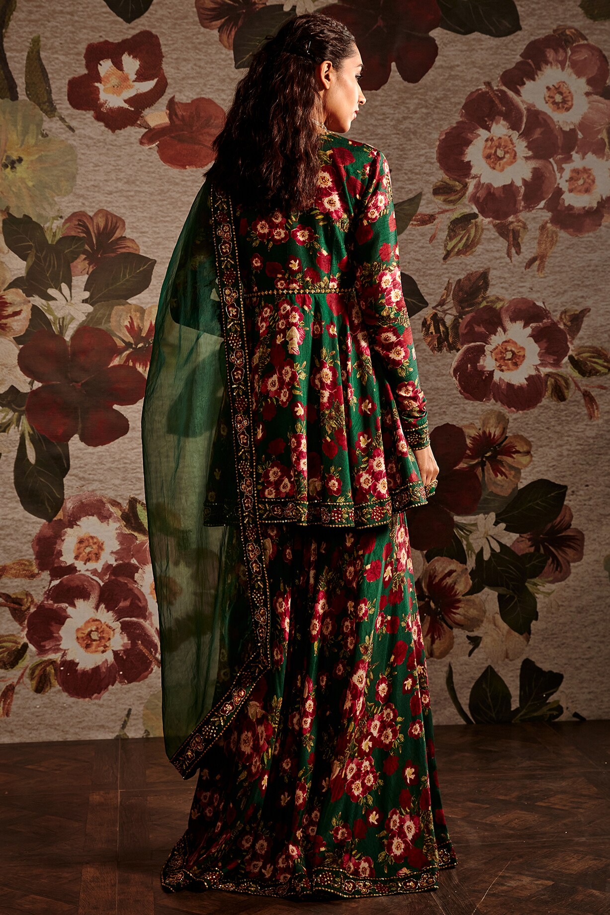 Green Pragan Printed Bralette, Shrug & Gharara Co-Ord Set