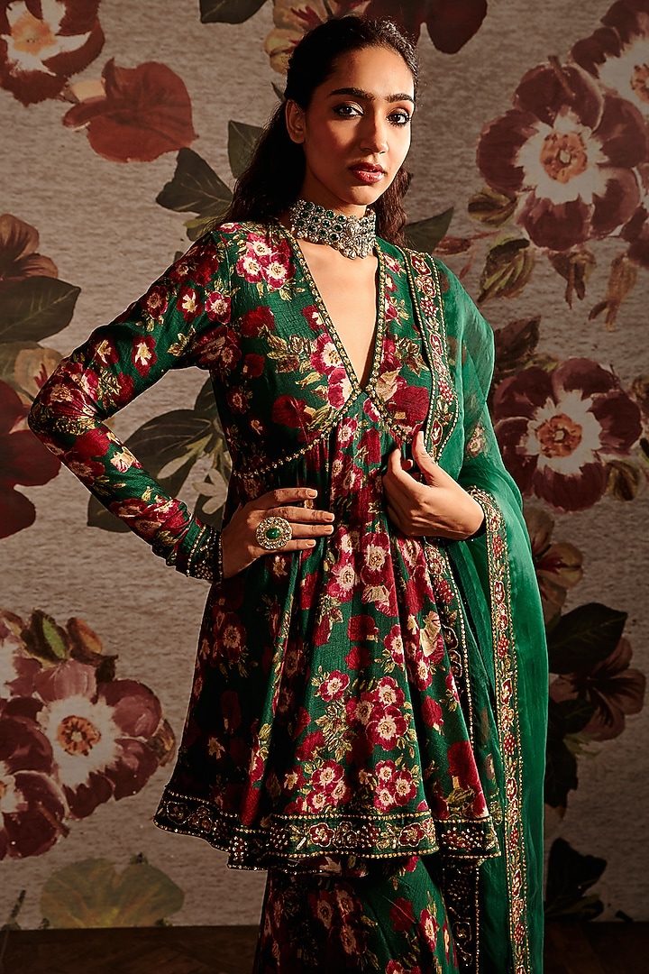 Green Embellished Gharara Set by Prints By Radhika at Pernia's Pop Up Shop