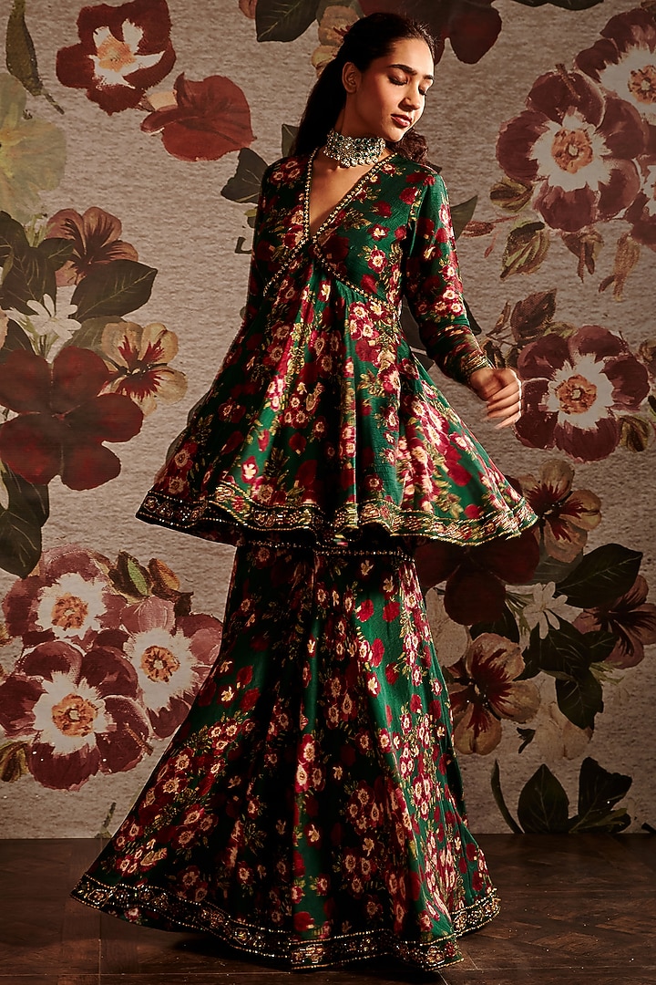 Green Embellished Gharara Set by Prints By Radhika at Pernia's Pop Up Shop