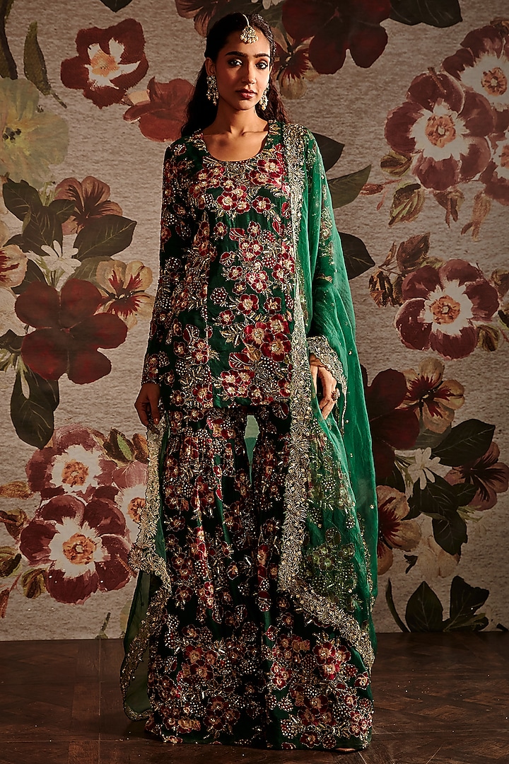 Green Embroidered Gharara Set Design by Prints By Radhika at Pernia's
