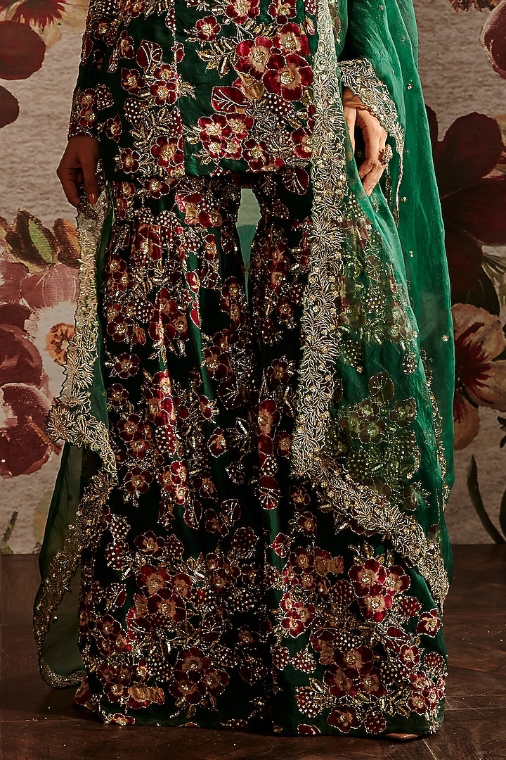 Green Embroidered Gharara Set by Prints By Radhika at Pernia's Pop Up Shop