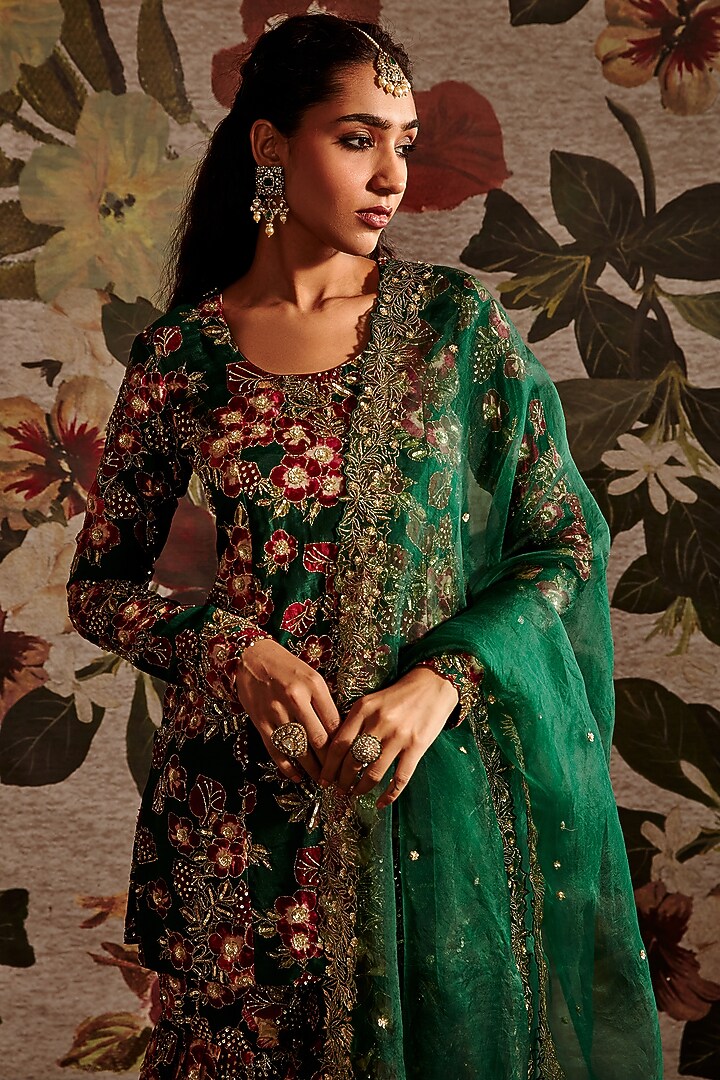 Green Embroidered Gharara Set by Prints By Radhika at Pernia's Pop Up Shop