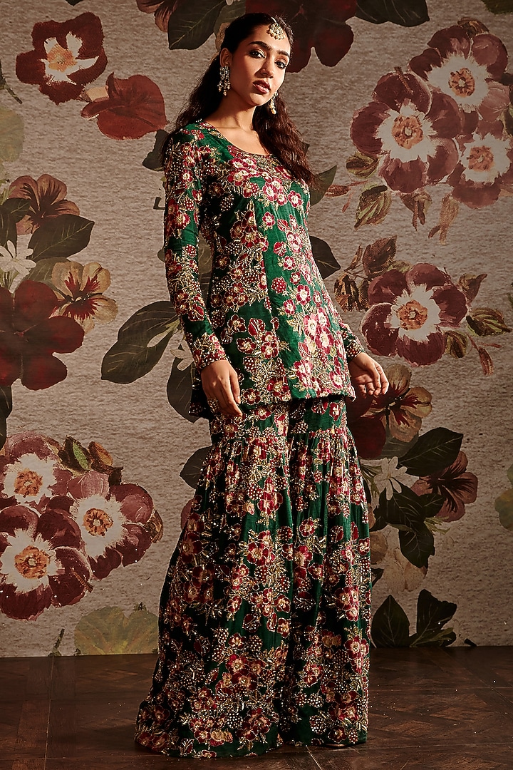 Green Embroidered Gharara Set by Prints By Radhika at Pernia's Pop Up Shop