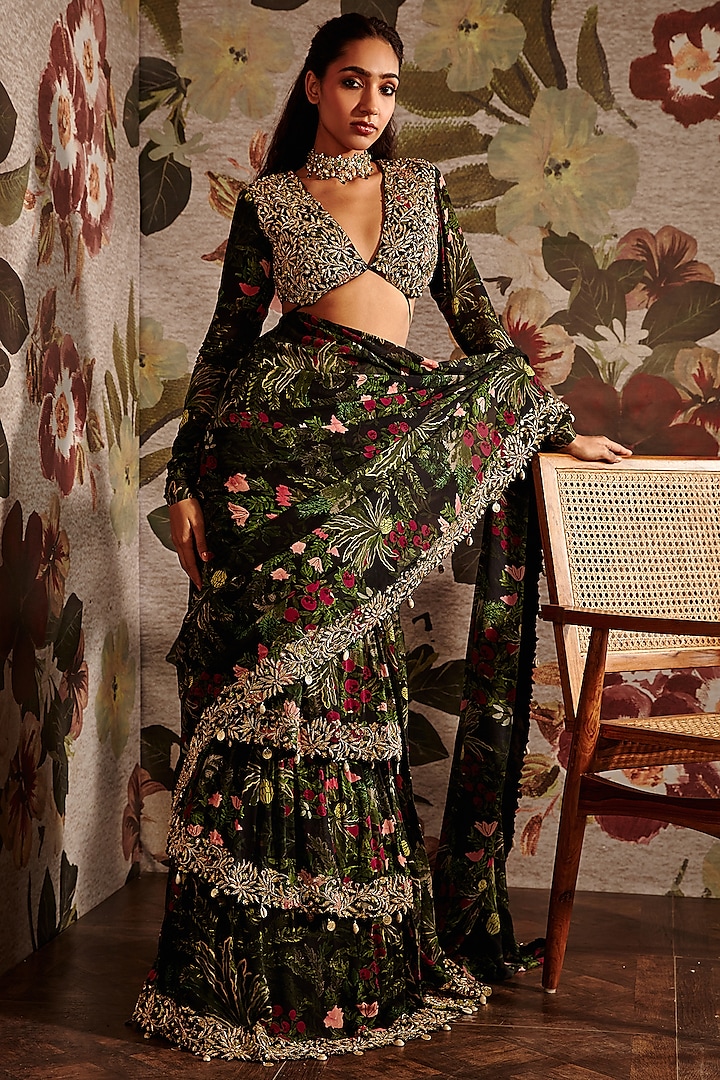 Green Ruffled & Embroidered Saree Set by Prints By Radhika