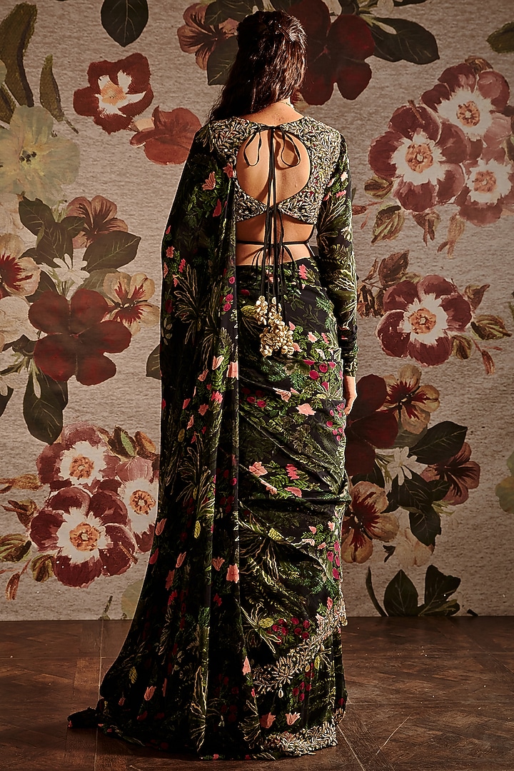Green Ruffled & Embroidered Reception Saree Set by Prints By Radhika at Pernia's Pop Up Shop