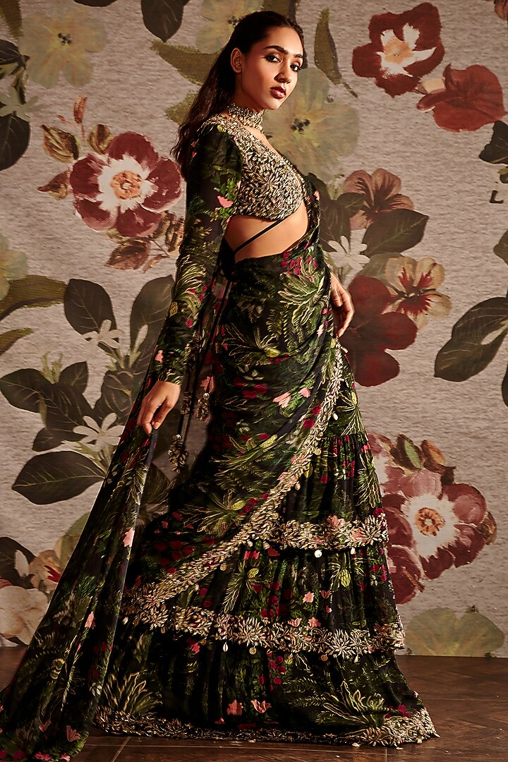 Green Ruffled & Embroidered Reception Saree Set by Prints By Radhika at Pernia's Pop Up Shop
