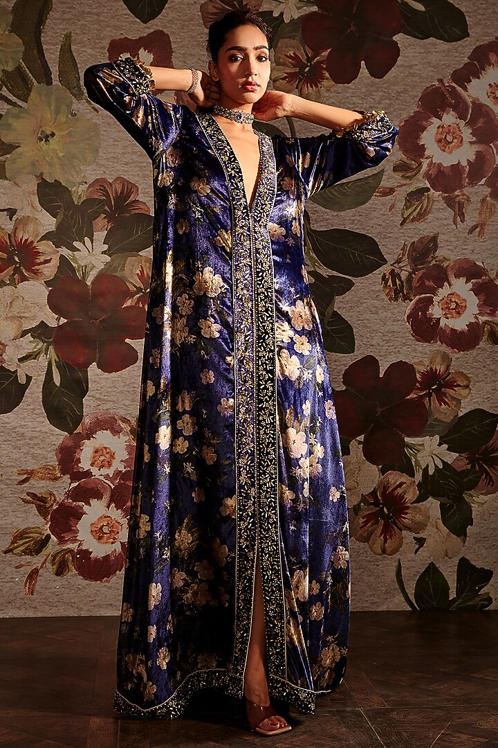 Blue Embroidered Kaftan by Prints By Radhika at Pernia's Pop Up Shop