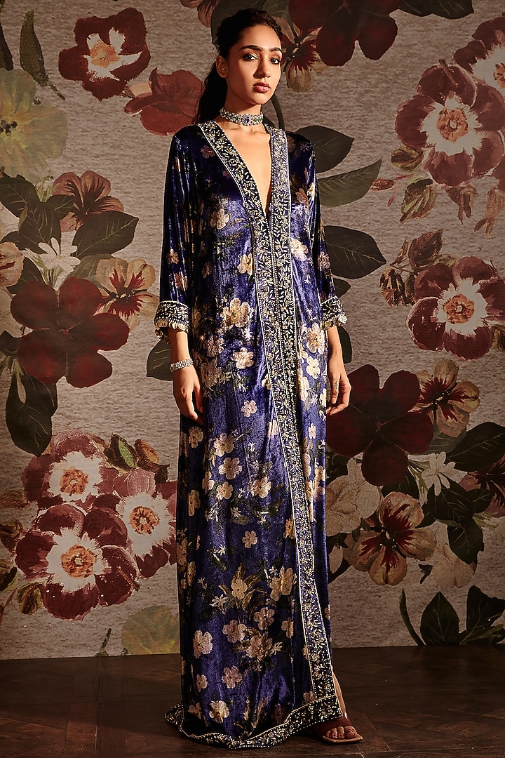 Blue Embroidered Kaftan by Prints By Radhika at Pernia's Pop Up Shop