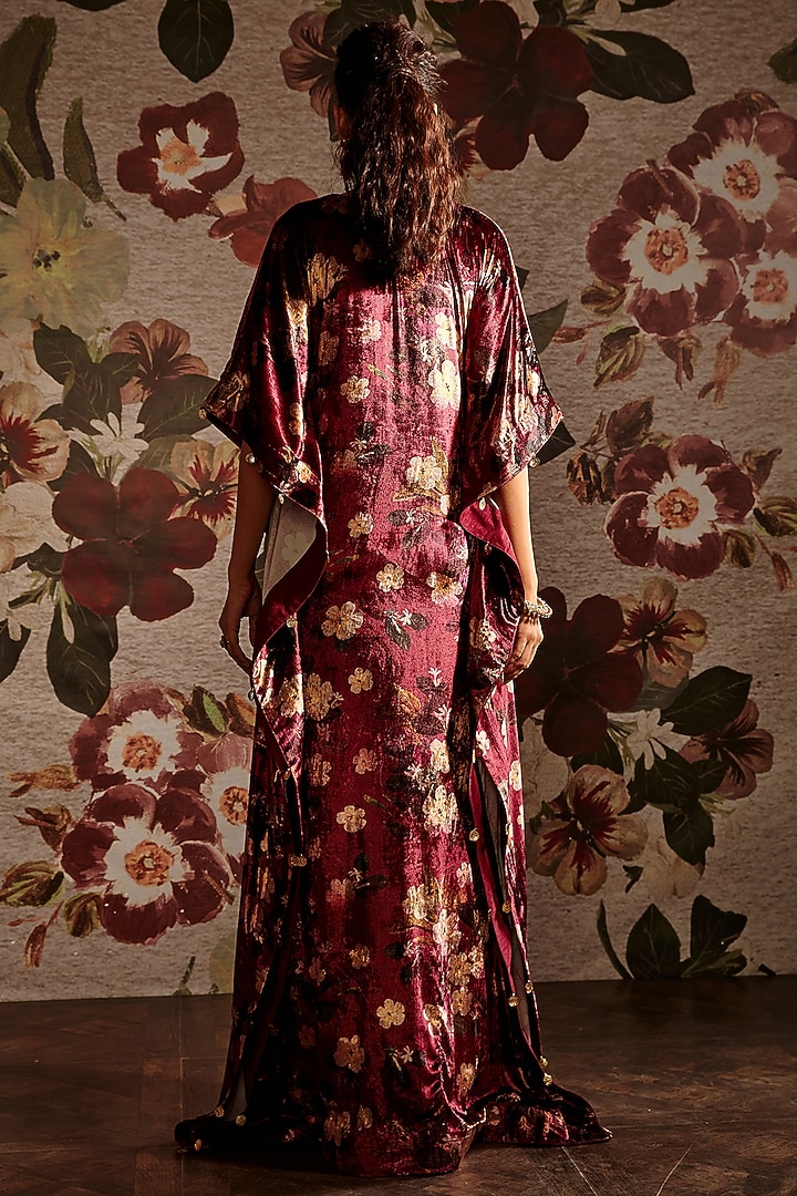 Maroon Embroidered Kaftan by Prints By Radhika at Pernia's Pop Up Shop