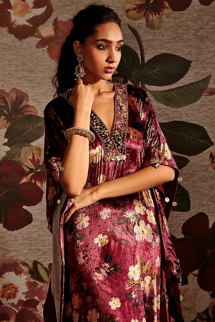 Maroon Embroidered Kaftan by Prints By Radhika at Pernia's Pop Up Shop