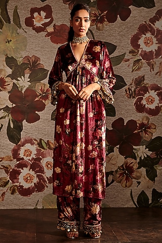 Maroon Embroidered Kaftan Set by Prints By Radhika