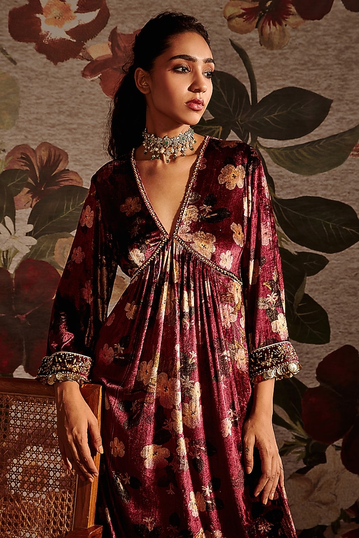 Maroon Embroidered Kaftan Set by Prints By Radhika at Pernia's Pop Up Shop