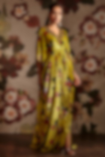 Lime Green Embroidered Gathered Kaftan by Prints By Radhika