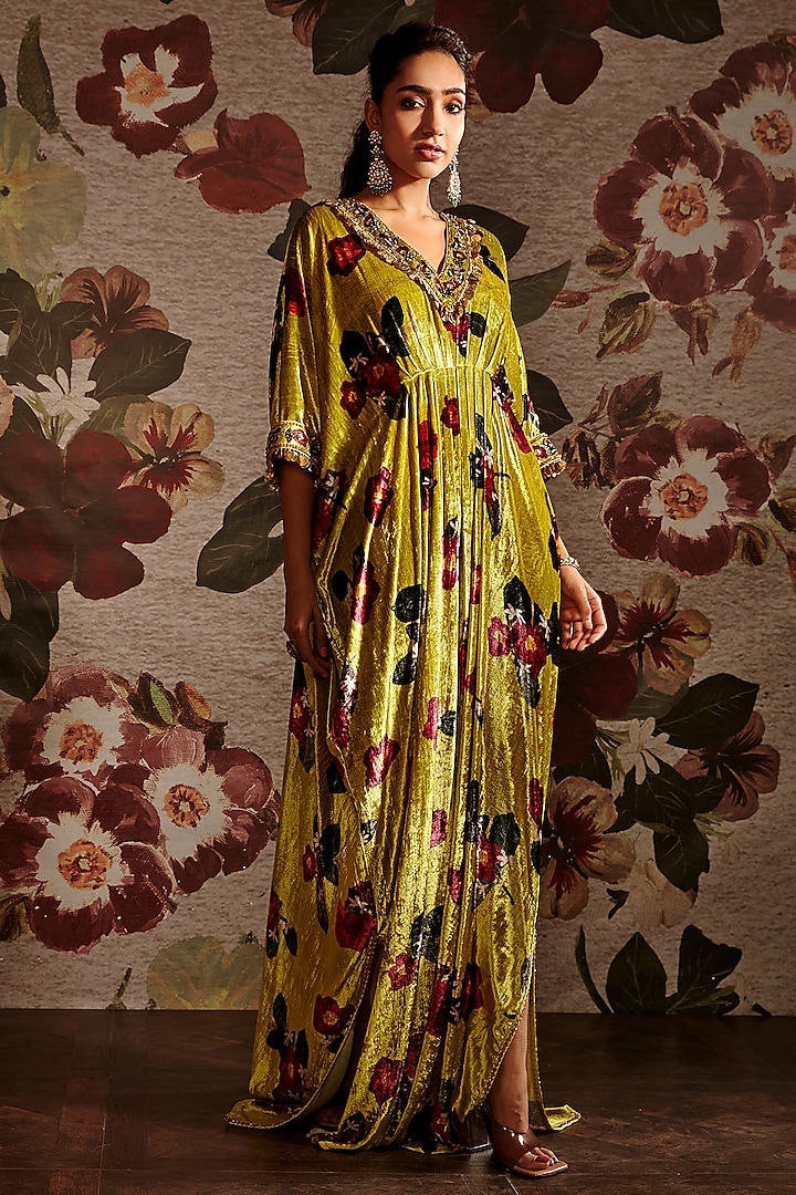 Lime Green Embroidered Gathered Kaftan by Prints By Radhika