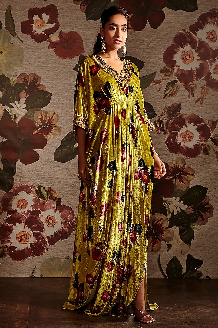 Lime Green Embroidered Gathered Kaftan by Prints By Radhika at Pernia's Pop Up Shop