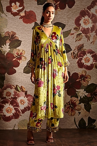 Lime Green Embroidered Kaftan Set by Prints By Radhika