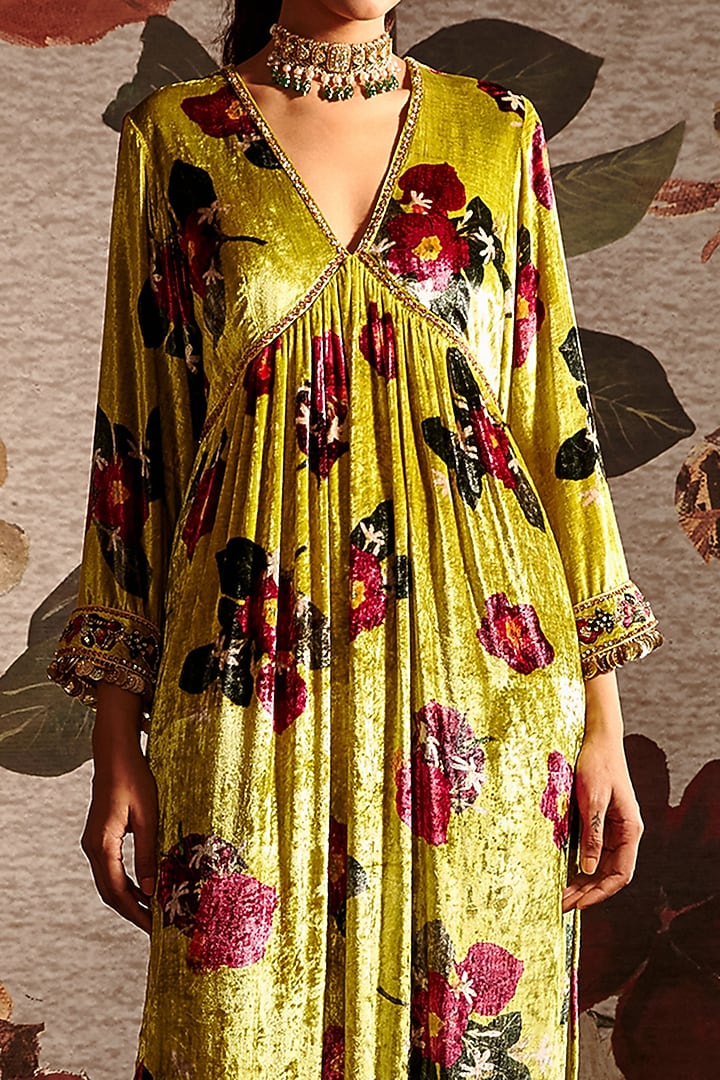 Lime Green Embroidered Kaftan Set by Prints By Radhika at Pernia's Pop Up Shop