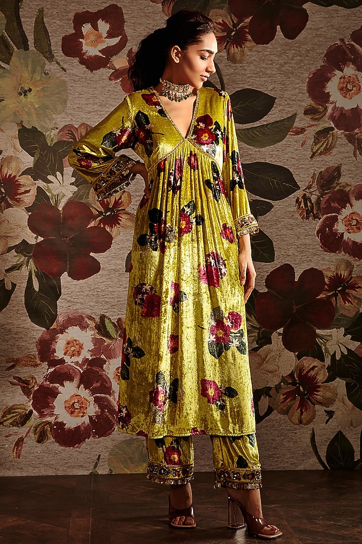 Lime Green Embroidered Kaftan Set by Prints By Radhika at Pernia's Pop Up Shop