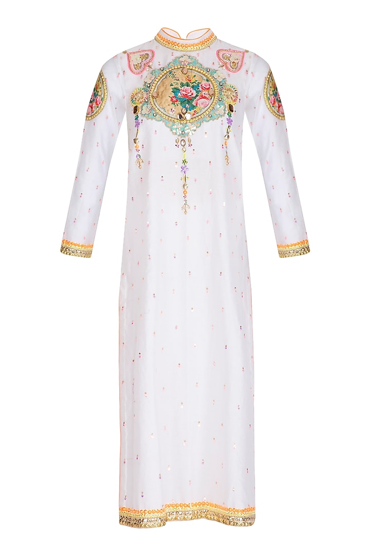 White Floral Embroidered Chanderi Tunic by Param Sahib