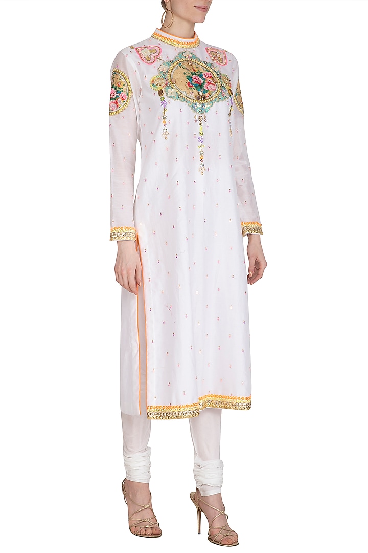 White Floral Embroidered Chanderi Tunic by Param Sahib at Pernia's Pop Up Shop