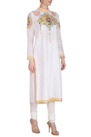White Floral Embroidered Chanderi Tunic by Param Sahib
