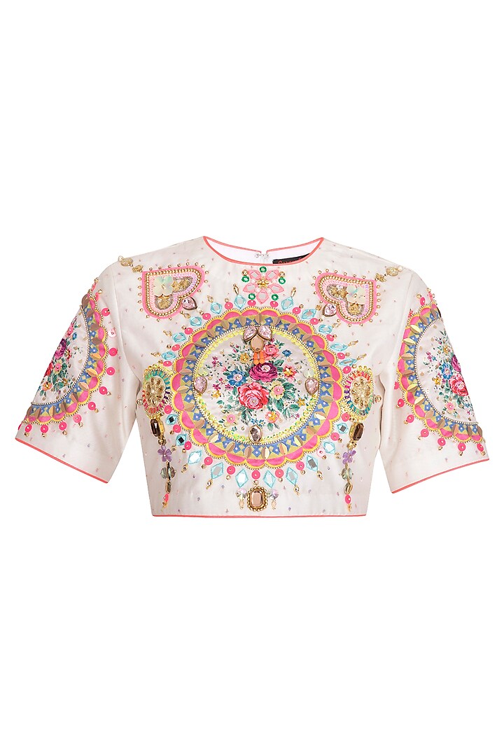 White Floral Hand Embroidered Crop Top by Param Sahib