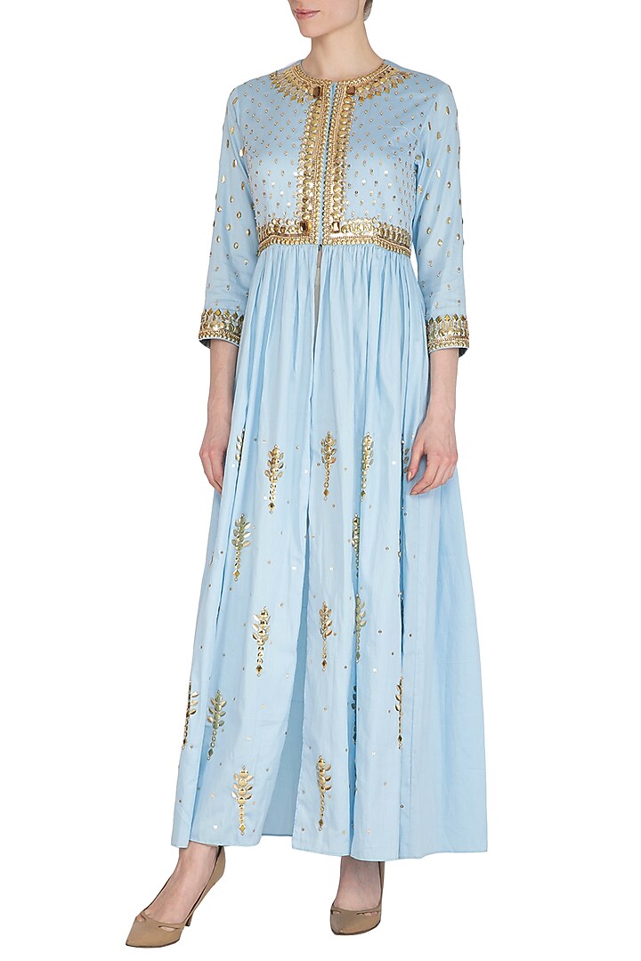 Ice Blue Hand Embroidered Tunic by Param Sahib at Pernia's Pop Up Shop