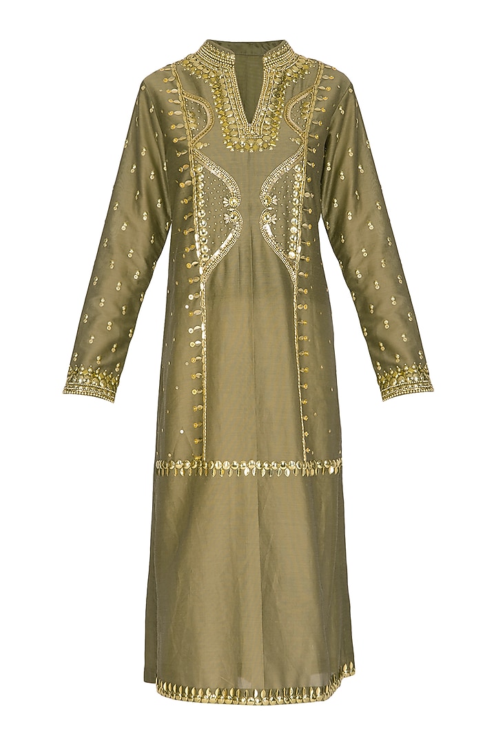Olive Green Hand Embroidered Tunic by Param Sahib at Pernia's Pop Up Shop
