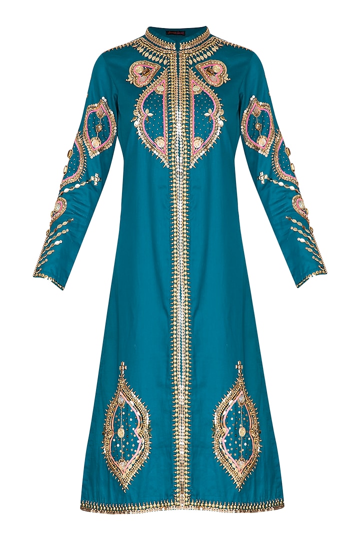 Teal Green Hand Embroidered Tunic by Param Sahib at Pernia's Pop Up Shop