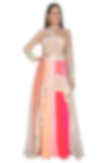 Multi Colored Embroidered Crop Top With Ombre Drape Skirt by Param Sahib