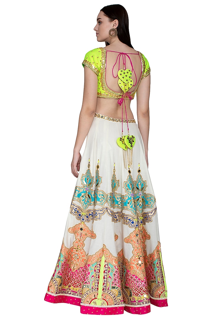 White & Neon Green Embroidered Wedding Lehenga Set by Param Sahib at Pernia's Pop Up Shop