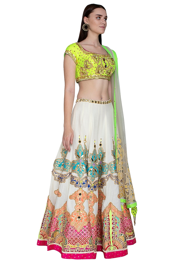 White & Neon Green Embroidered Wedding Lehenga Set by Param Sahib at Pernia's Pop Up Shop