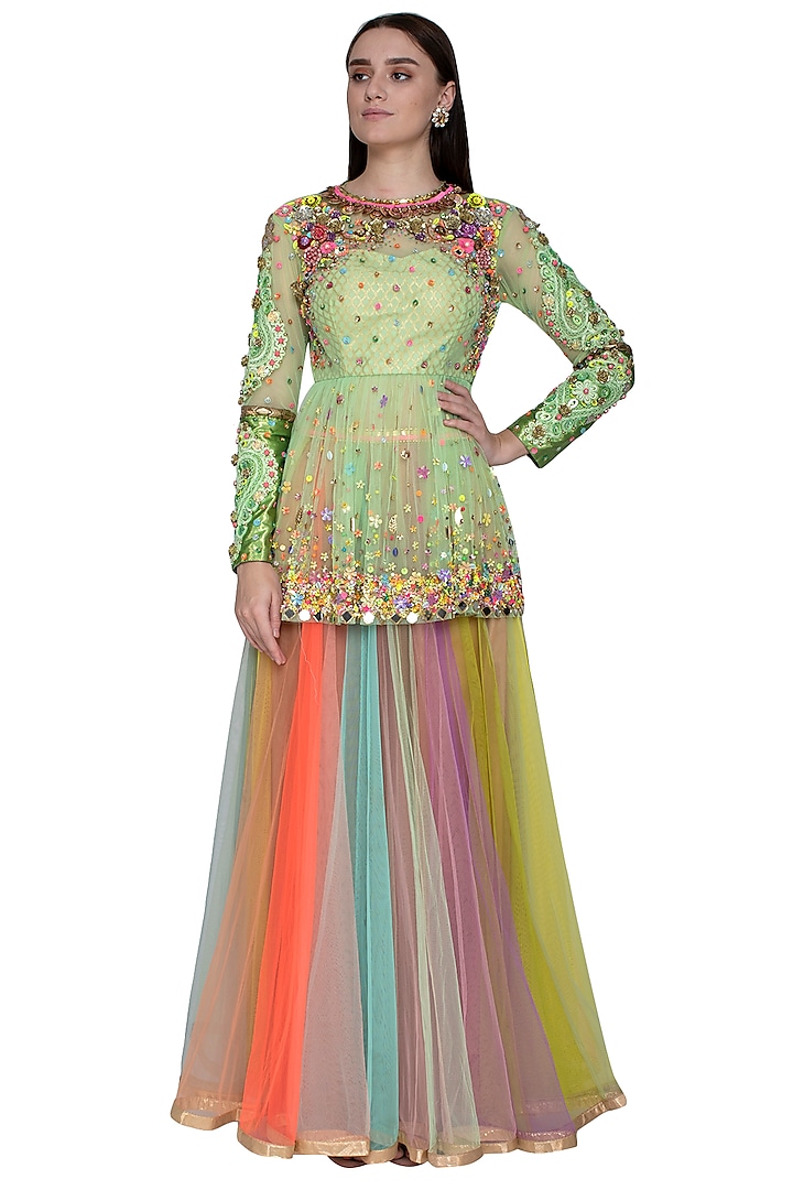 Multi Colored Ombre Skirt With Embroidered Peplum Blouse by Param Sahib