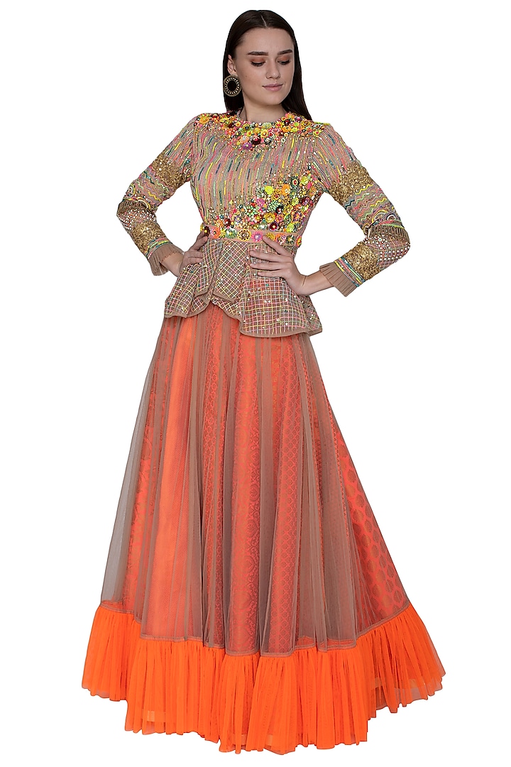 Multi Colored Embroidered Peplum Top With Gathered Skirt by Param Sahib